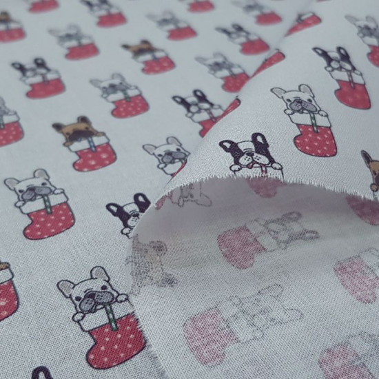 Cotton Christmas Puppies Socks fabric - Cotton fabric digital printing with Christmas drawings of dogs in socks on a light gray background. The fabric is 140cm wide and its composition is 100% cotton.