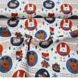 Cotton Christmas Animals Sheltered Circles fabric - Christmas themed organic cotton fabric with drawings of animals with scarf and hat inside circles on a background decorated with Christmas decorations, snowflakes, garlands... The fabric is 150cm wide an