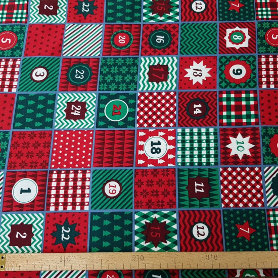 Cotton Christmas Advent Green Red fabric - Cotton fabric with an advent calendar drawing where green and red predominate. The calendar repeats every 45cm, so in this case 20cm cuts are not allowed. The fabric is 135cm wide and its composition 100% cotton