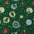 Cotton Christmas Balls Ornaments Stars Green fabric - Cotton poplin fabric with patterns of balls with ornaments in green, red and gold tones, on a green background with stars. The fabric is 140cm wide and its composition is 100% cotton.