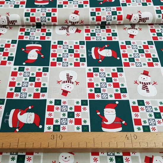 Cotton Christmas Stars Checkered fabric - Christmas poplin cotton fabric with pictures of pictures and figures of Santa Claus and snowmen forming a mosaic, in two color backgrounds to choose from. The fabric is 140cm wide and its composition is 100% cotto