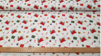 Tela Algodón Navidad Calcetines Cascabel - Tela de algodón popelín navideña con dibujos de calcetines de navidad, cascabeles, regalos, bastones de caramelo... sobre fondo blanco o verde claro. Una tela muy representativa de la navidad. La tela mide 148cm 