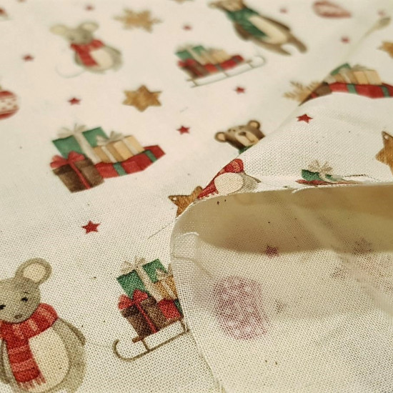 Cotton Christmas Bears Mice fabric - Organic cotton poplin fabric with Christmas drawings of mice and bears with scarves on a natural unbleached cotton background and decorations such as gifts, stars and flakes. The fabric is 150cm wide and its composit
