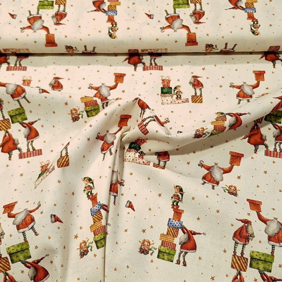 Cotton Christmas Santa Claus Gifts Elfs fabric - Organic cotton poplin fabric with drawings of Santa Claus and elfs with gifts, on a natural unbleached cotton background. The fabric is 150cm wide and its composition is 100% cotton.