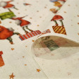 Cotton Christmas Santa Claus Gifts Elfs fabric - Organic cotton poplin fabric with drawings of Santa Claus and elfs with gifts, on a natural unbleached cotton background. The fabric is 150cm wide and its composition is 100% cotton.