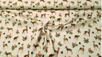 Cotton Christmas Deer Santa Hats fabric - Organic cotton poplin fabric with Christmas drawings of deer with Santa hats on a natural unbleached background, typical of raw cotton. The fabric is 150cm wide and its composition is 100% cotton.
