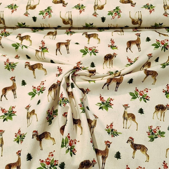 Cotton Christmas Deer Santa Hats fabric - Organic cotton poplin fabric with Christmas drawings of deer with Santa hats on a natural unbleached background, typical of raw cotton. The fabric is 150cm wide and its composition is 100% cotton.
