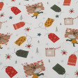 Tela Algodón Navidad Ratones Etiquetas - Tela de popelín algodón orgánico de temática navideña con dibujos de ratones con etiquetas de regalos sobre un fondo blanco con estrellitas. La tela mide 150cm de ancho y su composición 100% algodón.