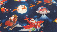Tela Algodón Navidad Papa Noel Volando - Tela de algodón popelín navideña con dibujos muy originales de Papá Noel volando en naves espaciales, cohetes, avionetas, y por supuesto el clásico trineo con renos.  La tela mide 140cm de ancho y su composición