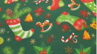 Tela Algodón Navidad Calcetines Copos Hielo - Tela de algodón popelín con decoración de navidad con dibujos de calcetines, copos de hielo, campanillas, caballitos de madera... sobre dos fondos de color a elegir. La tela mide 140cm de ancho y su composició