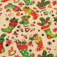 Cotton Christmas Socks Ice Flakes fabric - Cotton poplin fabric with Christmas decoration with drawings of socks, ice flakes, bells, wooden horses... on two color backgrounds to choose from. The fabric is 140cm wide and its composition is 100% cotton.