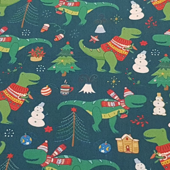 Cotton Christmas Dinosaurs fabric - Very funny cotton poplin fabric with drawings of dinosaurs at Christmas. Tyrannosaurs appear with Christmas sweaters, diplodocus with lights around their necks, volcanoes, snowmen... We can find this fabric in two backg