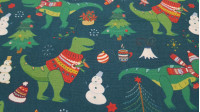 Tela Algodón Navidad Dinosaurios - Tela de algodón popelín muy graciosa con dibujos de dinosaurios en navidad. Aparecen tiranosaurios con jerseys navideños, diplodocus con luces por el cuello, volcanes, muñecos de nieve... Esta tela la podemos encontrar e