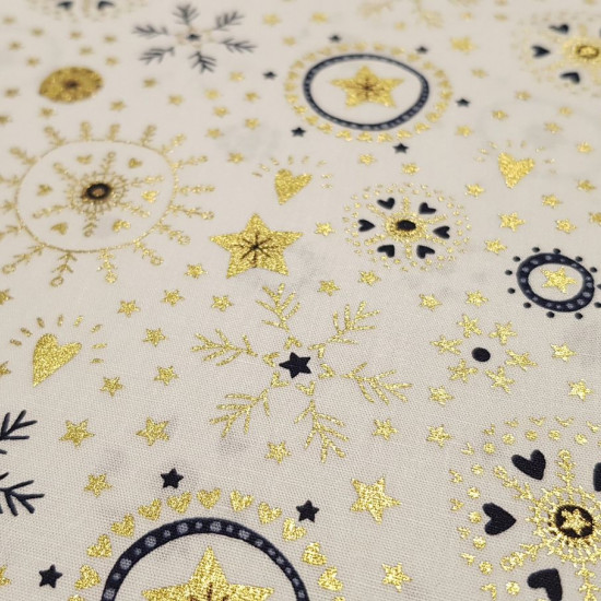 Cotton Christmas Ornaments and White Flakes fabric - Christmas-themed cotton fabric with drawings of Christmas ornaments, golden snowflakes and several more ornaments on a white background. The fabric is 140cm wide and its composition 100% cotton