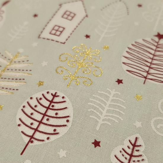 Cotton Christmas Houses Trees fabric - Christmas cotton fabric with drawings of trees and houses in dark red and gold tones on two backgrounds available to choose from. The fabric is 140cm wide and its composition is 100% cotton.