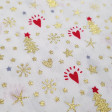 Tela Algodón Navidad Estrellas Corazones - Tela de popelín algodón con dibujos navideños dorados con árboles de navidad, estrellas, corazones... sobre un fondo blanco. La tela mide 140cm de ancho y su composición 100% algodón.