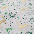 Cotton Christmas Reindeer Silhouette fabric - Christmas cotton fabric with drawings of golden reindeer silhouettes and stars in green tones on a white background. The fabric is 140cm wide and its composition is 100% cotton.