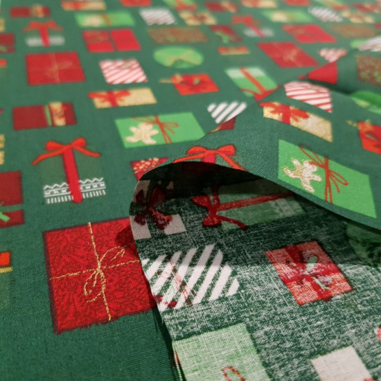 Algodón Navidad Regalos Brillantes - Tela de algodón popelín con dibujos de regalos de navidad de diferente tamaño y colores sobre fondo de color a elegir. En esta tela podemos apreciar zonas en los dibujos brillantes tipo lúrex