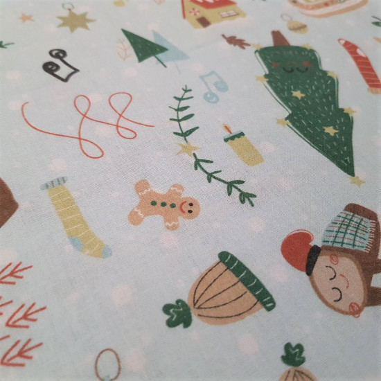 Cotton Christmas Caga Tió fabric - Christmas-themed poplin cotton fabric with drawings of the caga tió, tortel de reyes, gingerbread cookies, stars... on two backgrounds to choose from. One background is white and the other background is light
