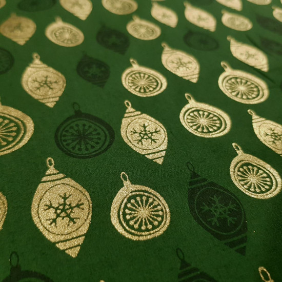 Cotton Christmas Basic Gold Ornaments fabric - Cotton poplin fabric with Christmas drawings where basic ornaments appear in shades of gold and green or blue (depending on the background color chosen) The fabric measures 140cm wide and its composition is 1