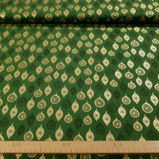 Cotton Christmas Basic Gold Ornaments fabric - Cotton poplin fabric with Christmas drawings where basic ornaments appear in shades of gold and green or blue (depending on the background color chosen) The fabric measures 140cm wide and its composition is 1