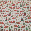 Cotton Christmas Caga Tió Ornaments Trains fabric - Christmas cotton poplin fabric with drawings of the Tió de Nadal (Christmas Trunk) with Christmas decorations, toy trains, gingerbread cookies... on a rustic background. The fabric is 150cm wide and its 
