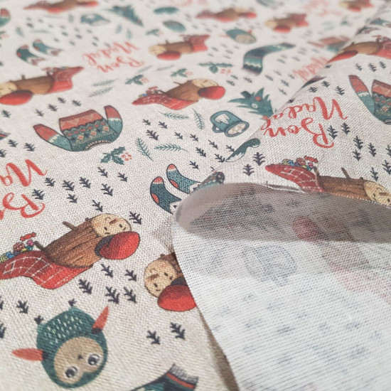 Cotton Christmas Caga Tió Bon Nadal fabric - Christmas cotton poplin fabric with drawings of the Tió de Nadal (Christmas Trunk) on a rustic background with owls, fir trees, holly trees, scarves, "Bon Nadal" letters... The fabric is 150cm wide a