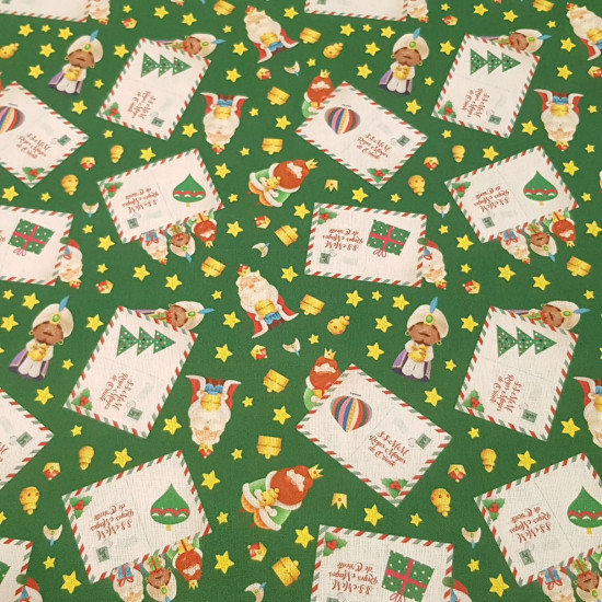 Algodón Navidad Reyes Magos Cartas - Tela de popelín algodón con dibujos navideños de los Reyes Magos, sobre un fondo de color verde con cartas para los Reyes Magos de Oriente, también objetos como coronas, cofres, estrellas...