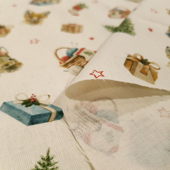 Cotton Christmas Reindeer Firs Little Foxes fabric - Christmas themed organic cotton poplin fabric with drawings of reindeer, fir trees, gifts, little foxes, porcupines and red stars on a rustic unbleached background. The fabric measures 145cm wide and th