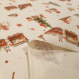 Cotton Christmas Elves Trains fabric - Organic cotton poplin fabric with Christmas drawings of elves playing with toy trains full of gifts, decorating the Christmas tree, riding bicycles... on a rustic unbleached background. The fabric measures 145cm wide
