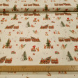 Cotton Christmas Elves Trains fabric - Organic cotton poplin fabric with Christmas drawings of elves playing with toy trains full of gifts, decorating the Christmas tree, riding bicycles... on a rustic unbleached background. The fabric measures 145cm wide
