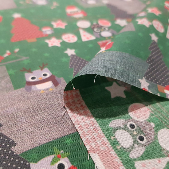 Algodón Navidad Arboles Búhos - Tela de algodón tipo popelín con dibujos de arboles, búhos y otros motivos navideños. Ideal para tus decoraciones navideñas y creaciones patchwork. La tela mide 140cm de ancho y su
