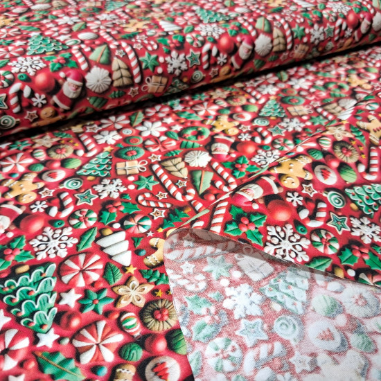 Tela Algodón Navidad Adornos Efecto 3D Tela popelin algodon rojo con estampado navideño de galletas de jengibre y bastones