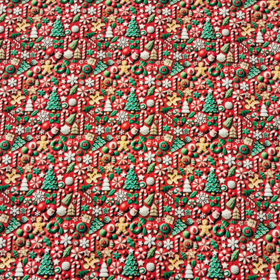 Tela Algodón Navidad Adornos Efecto 3D Tela popelin algodon rojo con estampado navideño de galletas de jengibre y bastones