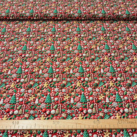 Tela Algodón Navidad Adornos Efecto 3D Tela popelin algodon rojo con estampado navideño de galletas de jengibre y bastones