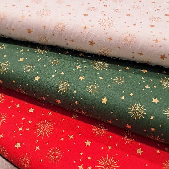 Algodón Navidad Estrellas Doradas Golden - Tela de popelín algodón con dibujos de estrellas y destellos dorados sobre tres fondos de color a elegir. Esta tela es ideal para tus proyectos de Patchwork navideños! La tela mide 150cm de ancho
