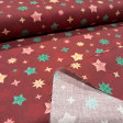 Cotton Christmas Stars Wishes fabric - Cotton poplin fabric with Christmas star designs in different shapes and colors on a red/maroon background. The fabric is 150 cm wide and is made of 100% cotton.