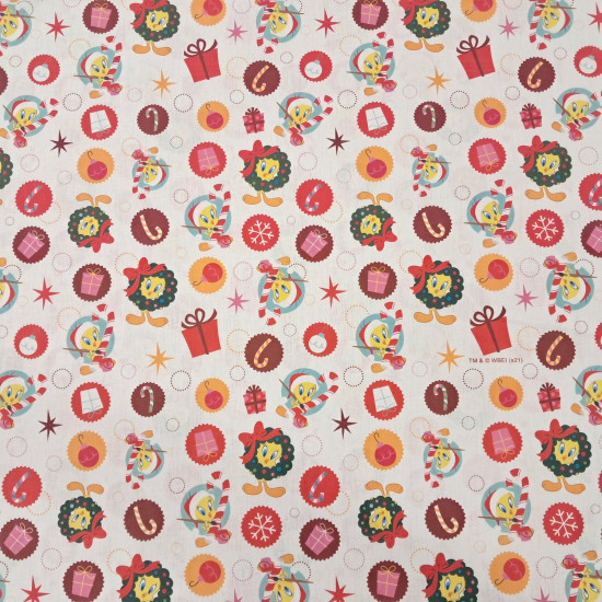 Tela Algodón Navidad Piolín Círculos Algodón Navidad Piolín Círculos - Tela de popelín algodón de temática navideña con los dibujos del personaje Piolín, de los Looney Toones. Donde aparece con bastones de caramelo y coronas de navidad, sobre un fondo blan