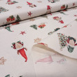 Cotton Christmas Gnomes Stars fabric - Cotton poplin fabric with a print of gnomes with beards and Christmas hats, stars, and Christmas trees on a natural white background. The fabric is 150cm wide and 100% cotton.