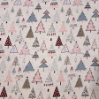 Tela popelín de algodón crema con estampado de pinos de Navidad de estilo nórdico en rosa, azul, granate y destellos dorados