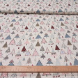 Tela popelín de algodón crema con estampado de pinos de Navidad de estilo nórdico en rosa, azul, granate y destellos dorados