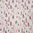 Tela popelín algodón navidad renos abetos Tela de popelín de algodón color crema con estampado infantil de renos con copos de nieve, pinos nórdicos en rosa y azul con estrellas doradas brillantes