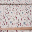 Tela popelín algodón navidad renos abetos Tela de popelín de algodón color crema con estampado infantil de renos con copos de nieve, pinos nórdicos en rosa y azul con estrellas doradas brillantes