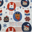 Cotton Christmas Animals Sheltered Circles fabric - Christmas themed organic cotton fabric with drawings of animals with scarf and hat inside circles on a background decorated with Christmas decorations, snowflakes, garlands... The fabric is 150cm wide an