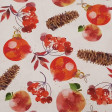 Cotton Christmas Balls Pinions fabric - Christmas cotton fabric with drawings of red Christmas balls, pine nuts and red flowers on a white background. Ideal for Christmas decoration.