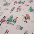 Algodón Navidad Cascanueces - Tela de popelín algodón con dibujos de clásicos personajes de cascanueces, árboles de navidad, bastones de caramelo y regalos, sobre un fondo crudo/sin blanquear con estrellitas grises. La