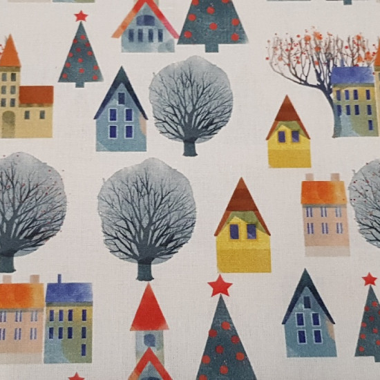 Cotton Christmas Tree Houses fabric - Nice cotton fabric with drawings of little houses and Christmas trees on a white background.