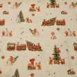 Algodón Navidad Elfos Trenes - Tela de popelín algodón orgánico con dibujos navideños de elfos jugando con trenes de juguete llenos de regalos, adornando el árbol de navidad, subidos en bicicletas... sobre un fondo r