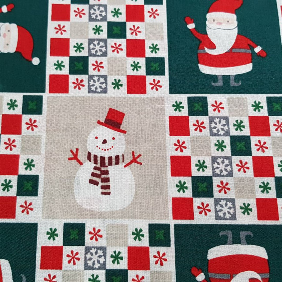 Tela Algodón Navidad Estrellas Cuadros - Tela de algodón popelín navideño con dibujos de cuadros y figuras de papa noel y muñecos de nieve formando un mosaico, en dos fondos de color a elegir. La tela mide 140cm de ancho y su composición 100% algodón.