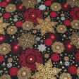 Algodón Navidad Estrellas Mandalas Doradas - Tela de popelín algodón con dibujos de estrellas, corazones, mandalas, copos de nieve... en tonos dorado brillante, rojo y blanco sobre un fondo oscuro. Una tela perfecta para tus confecciones y decoracione